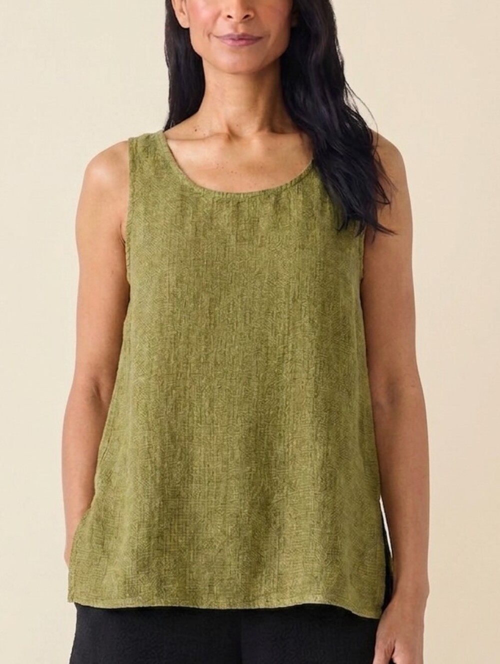 Eileen Fisher Italian Linen Scoop Neck Sleeveless Top Medium Green Minimalist
